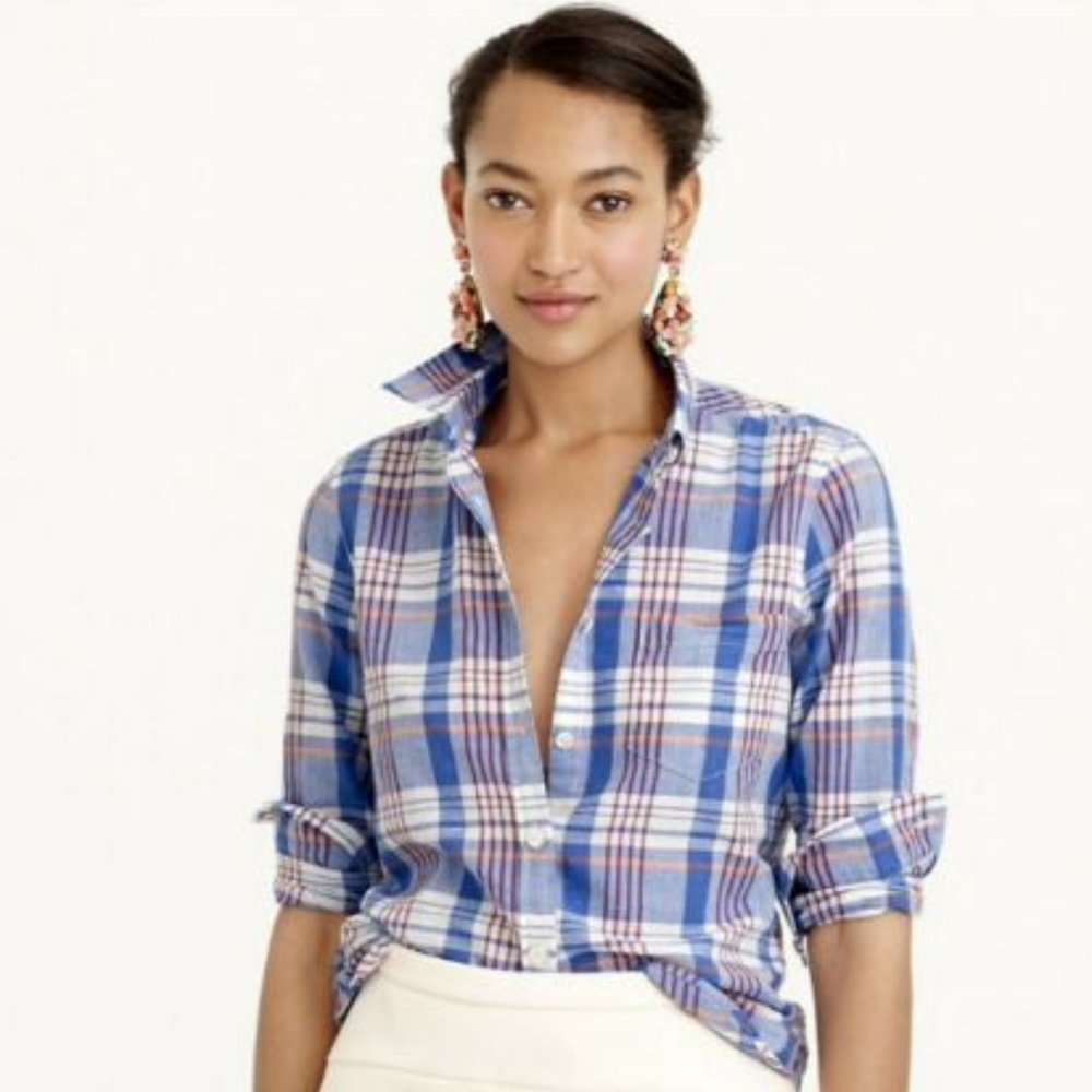 {J. Crew} Cotton blue and orange plaid button up